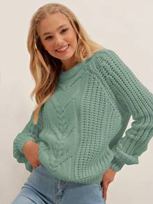 EURMUSE Solid Raglan Sleeve Cable Knit Sweater - Green - View 5