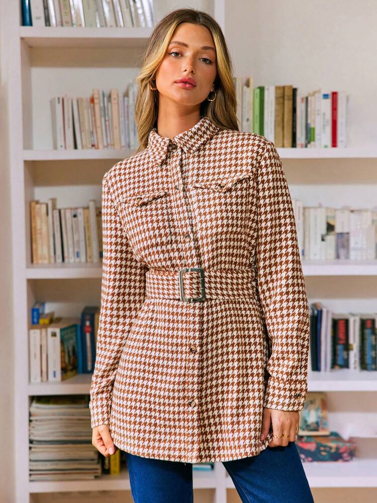 Houndstooth Print Flap Pocket Belted Overcoat