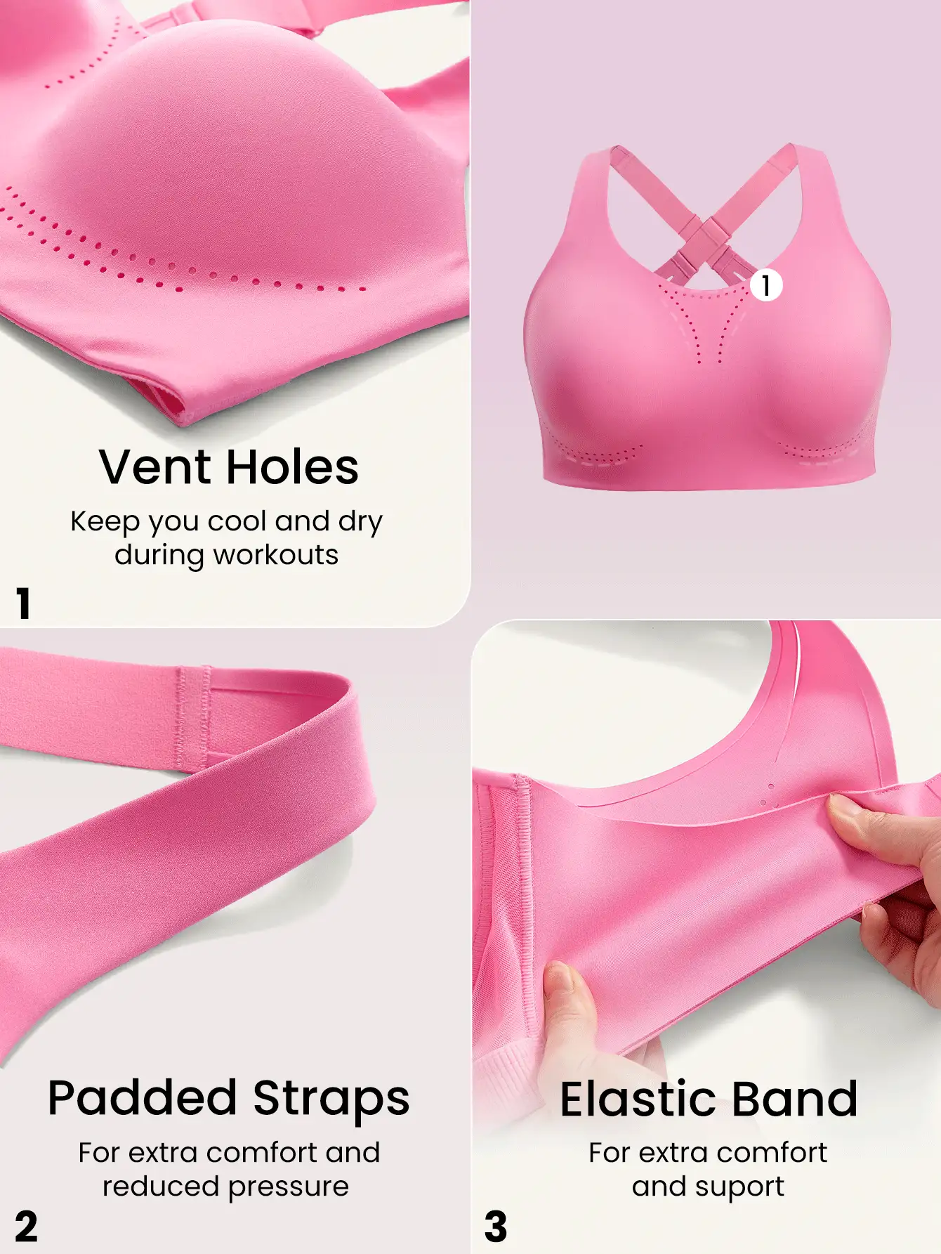 GLOWMODE Plus Medium Support Black Convertible Wide Adjustable Strap Full Coverage Sports Bra Yoga Plus Size Sports Bra - Pink - View 5