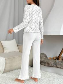 碎花木耳邊荷葉邊睡衣套裝 - 白色 - 查看 2