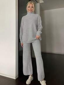 High Neck Drop Shoulder Sweater & Knit Pants - Grey - View 3