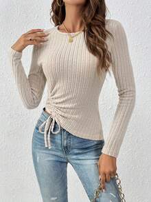 SHEIN Frenchy 側抽繩條紋針織T恤 - 杏色 - 查看 6