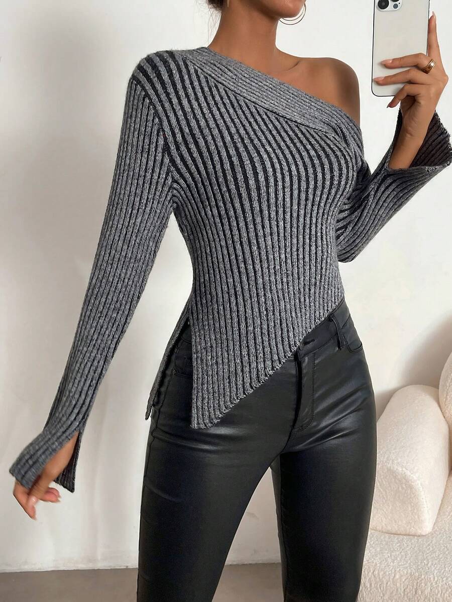 SHEIN Privé 不對稱領開叉邊套頭毛衣 - 灰色 - 查看 1