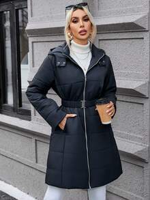 SHEIN Privé Áo khoác có mũ trùm đầu có đệm kéo khóa kèm thắt lưng - màu đen - Xem 3