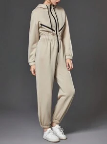SHEIN Unity Zipper Front Elastic Waist Drawstring Hooded Jumpsuit - Apricot - View 4