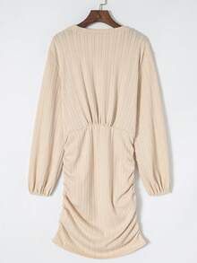 Apricot Ruffle Trim Puff Sleeve Knitted Bodycon Dress - Apricot - View 2