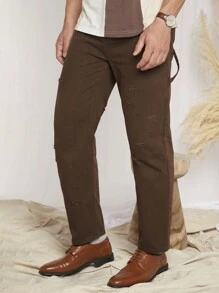 GENTILAND 男士素色直筒牛仔褲 - 棕色 - 查看 1