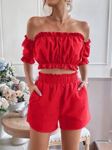 Breezaya Off Shoulder Lá sen tỉa Top Cây trồng & Quần short - Đỏ - Xem 1