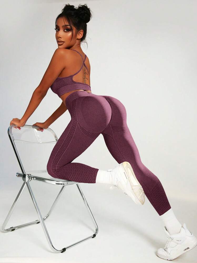 Easithlete 2 件无缝高弹力瑜伽套装运动服健身套装交叉后背吊带紧身收腹紧身裤健身女士套装 - 淡紫色 - 查看 6