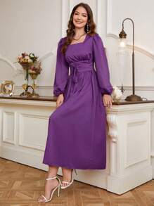 Modelyn Square Neck Lantern Sleeve Lace Up Front Dress - Purple - View 3