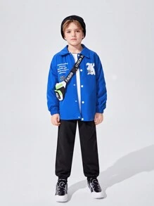 SHEIN 男大童標語圖案加絨內裏外套 - 藍色 - 查看 3