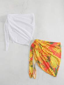 2 Packs Tropical Print Knot Cover Up Skirt - Multicolor - View 2