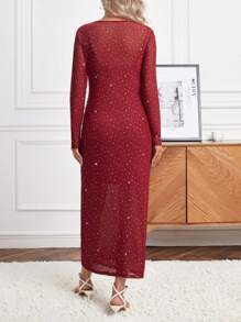 SHEIN Maternity Rhinestone Detail Mesh Dress - Burgundy - View 2