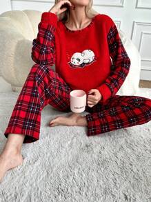 RueChic Cartoon Embroidered Plaid Flannel PJ Set - Red - View 1