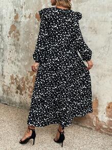 SHEIN VCAY 斑點印花荷葉邊燈籠袖洋裝 - 黑色 - 查看 2