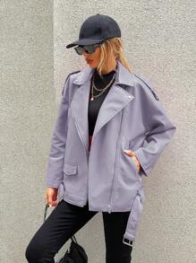 SHEIN ICON Drop Shoulder Belted Moto Jacket - Purple - View 6