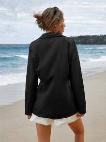 EURMUSE Lapel Neck Flap Detail Single Button Blazer Without Belt - Black - View 2