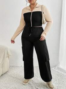 SHEIN Essnce 大尺碼顏色拼接拉鍊設計長袖t卹 - 彩色 - 查看 3