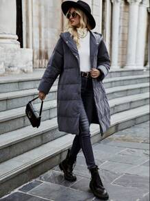 SHEIN Unity Zip Up Snap Button Hooded Down Coat Fall Cloth For Women - Blue - View 3