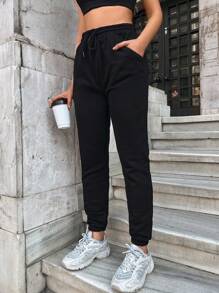 RueChic Solid Drawstring Waist Sweatpants - Black - View 3