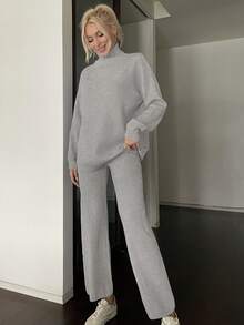 High Neck Drop Shoulder Sweater & Knit Pants - Grey - View 4