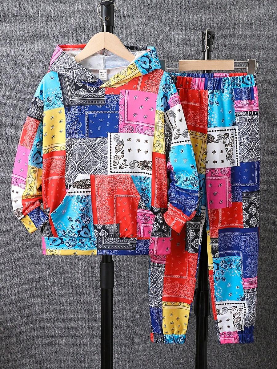 SHEIN Cô gái Tween Paisley In chắp vá Áo Hoodie & Quần thể thao - Nhiều màu - Xem 1