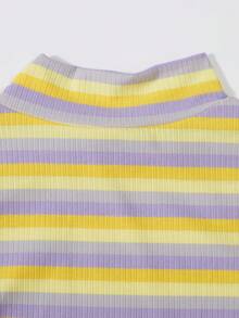 女性青少年半高領條紋休閒緊身長袖t恤 - 紫色 - 查看 5