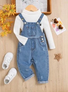 SHEIN 女嬰貓爪補丁牛仔背帶褲(無t恤) - 中等水洗藍 - 查看 1