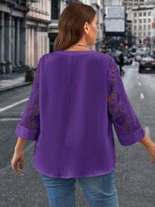 SHEIN Clasi Plus Contrast Lace Notched Neckline Blouse - Purple - View 3