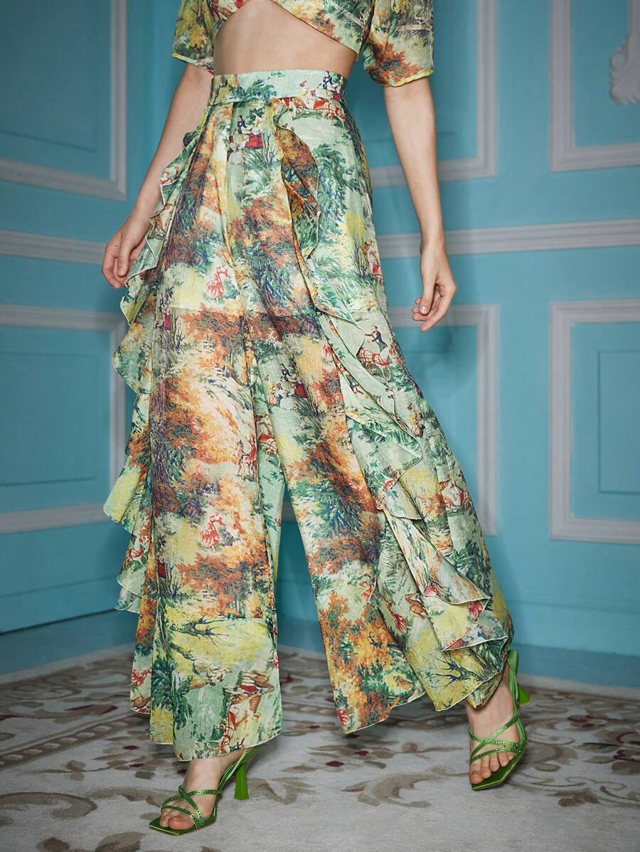 Alice McCall Designer Women Allover Print Ruffle Trim Wide Leg Pants, For Summer, Holiday, Festival