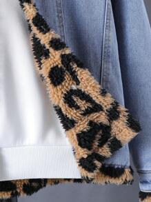 Tween Girl 1pc Leopard Teddy Lined Drop Shoulder Hooded Denim Jacket