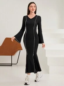 Modelyn 女款v領落肩袖連衣裙,外縫線設計 - 黑色 - 查看 4