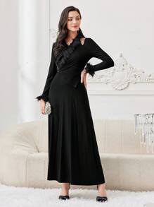 Modelyn Women's Plush Sleeve Cuff Hollow Out Knit Dress Long Evening Dresses