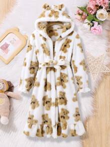 SHEIN Tween Girl Bear Print 3D Ears Design Hooded Flannel Belted Robe for Family Matching - Beige - View 1