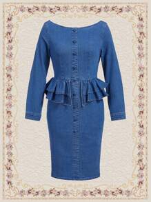 Vintamour Ruffle Trim Button Front Denim Dress - Dark Wash - View 1