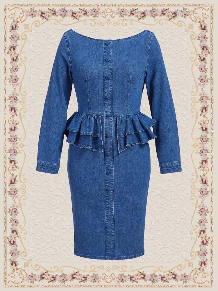 Ruffle Trim Button Front Denim Dress