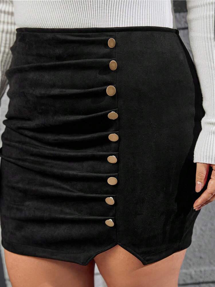 Plus Size Buttoned Front Pleated Slit Hem Skirt