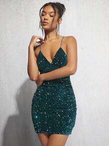 SHEIN BAE Vestido de tirantes ajustado unicolor con lentejuelas - Agua verde azul - Ver 5