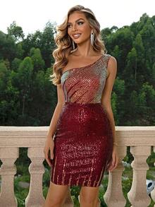 Joyfunear 女士酒红色露肩紧身亮片连衣裙 - 紅色 - 查看 6