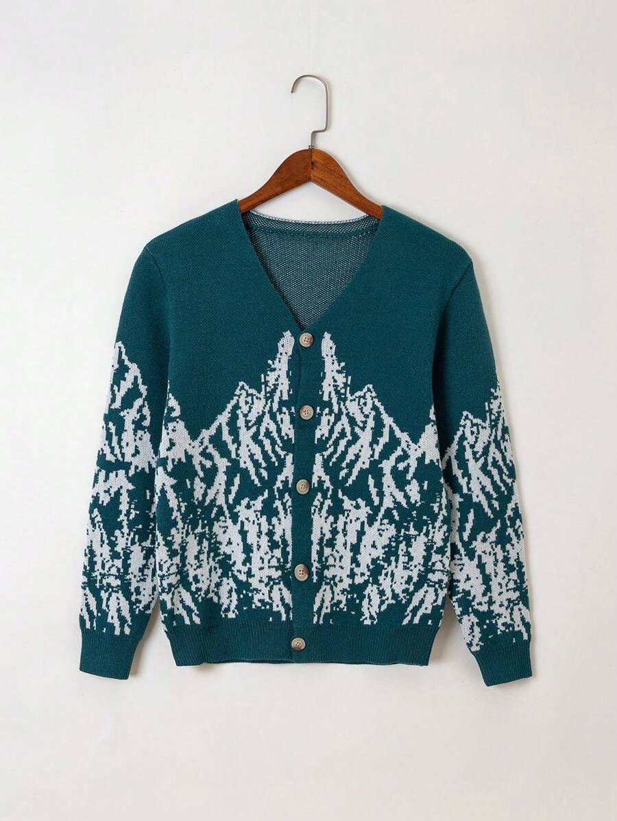 Teen Boy Mountain Pattern Button Front Cardigan - Green - View 1