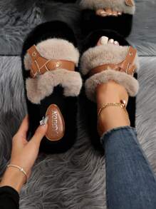 女士厚底皮带扣毛绒拖鞋，2023 年新款平底外穿一脚蹬家居拖鞋 - 卡其色 - 查看 1