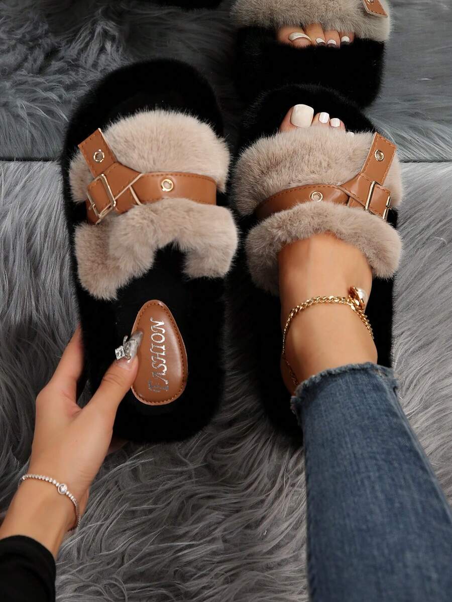 女士厚底皮带扣毛绒拖鞋，2023 年新款平底外穿一脚蹬家居拖鞋 - 卡其色 - 查看 1