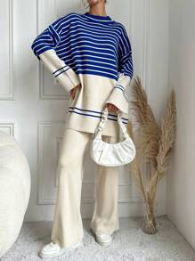 RueChic Striped Pattern Drop Shoulder Sweater & Knit Pants