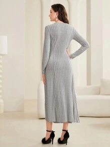 Modelyn Round Neck Ribbed Knit Sweater Dress Without Waist Belt - Grey - View 2