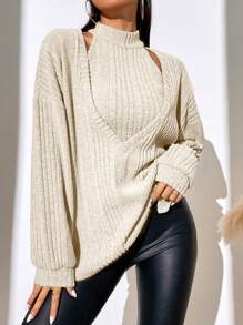 SHEIN LUNE Thả vai Viền chia cắt Áo thun Và Áo hai dây - Màu be - Xem 6