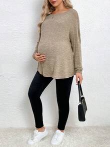 SHEIN Maternidad Camiseta tejido jaspeado bajo con abertura - Caqui - Ver 5