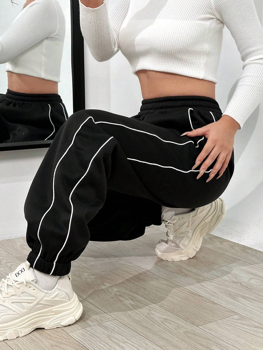SHEIN LUNE 对比滚边斜口袋裤 - 黑色 - 查看 1