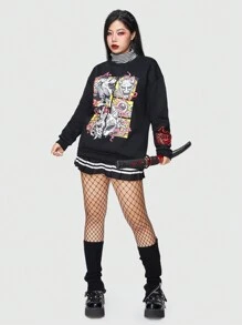 ROMWE Anime Của phụ nữ Hoạt hình In Thả vai Áo nỉ Không có Áo thun - màu đen - Xem 1