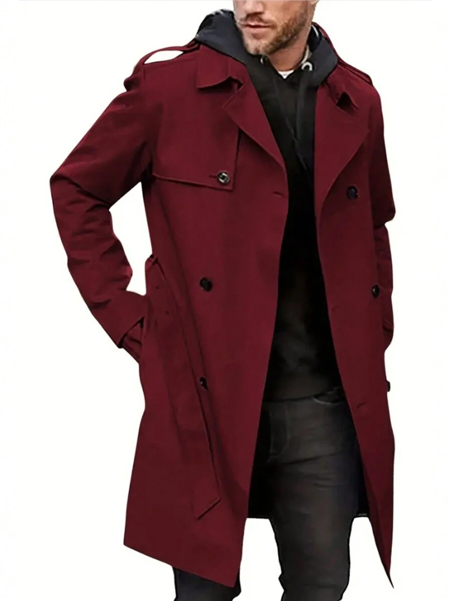 Men 1pc Double Breasted Belted Trench Coat - Burgundy - View 1
