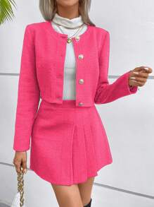 SHEIN Privé 素色前紐扣短夾克&百褶半身裙 - 玫紅色 - 查看 5